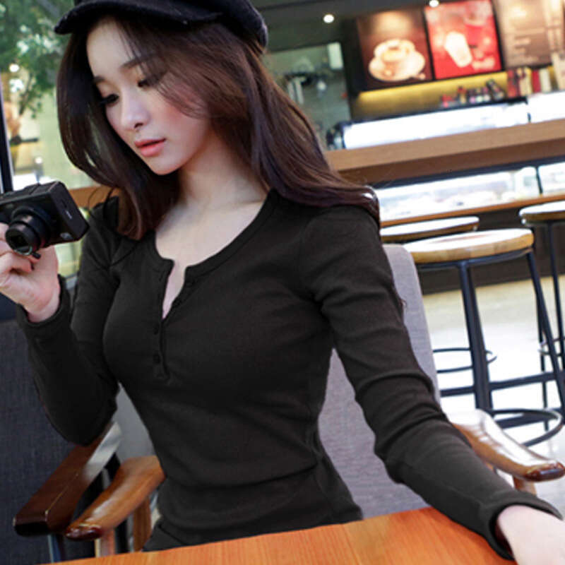 Autumn Button Thread Solid Color Long Sleeve T-Shirt Women's Slim Fit Korean New Style Top Base Shirt Outerwear Trend B5