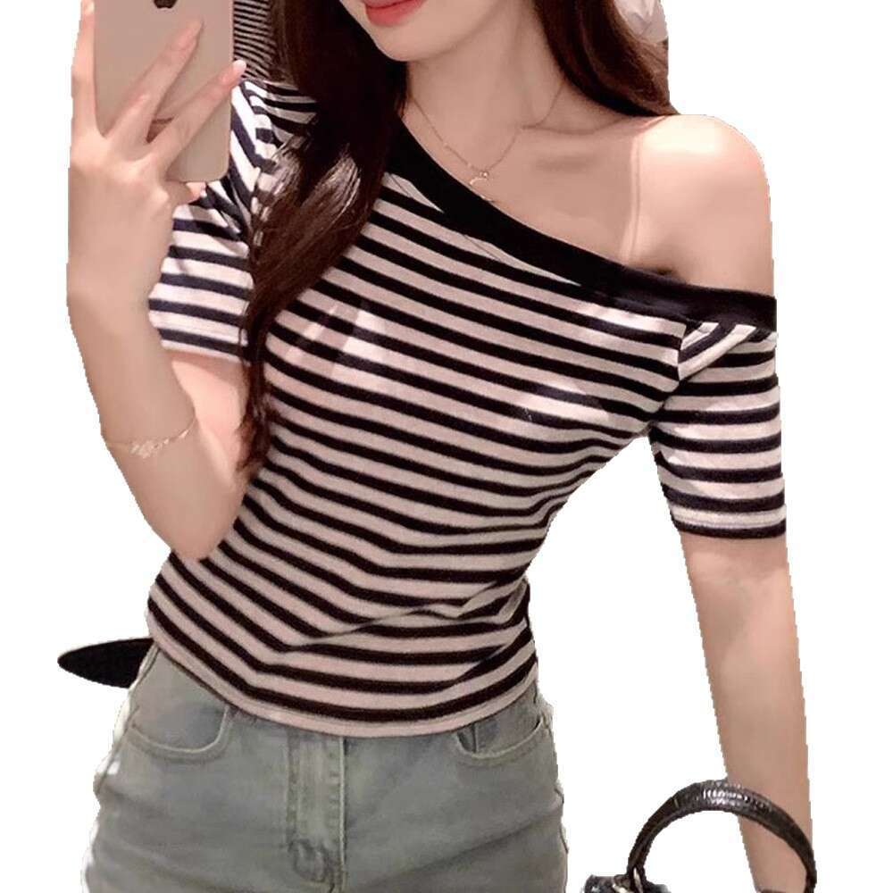 Pure Desire Style Ins Hot Girl Off-Shoulder Striped Short-Sleeve T-Shirt Summer New Slim Fit Base Fashion Top Women B5
