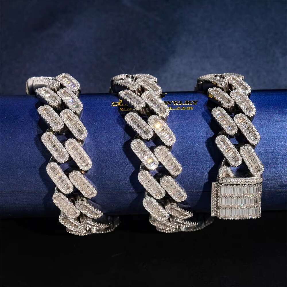 Custom Clasp 925 Silver Sterling Iced Out Bling Hiphop baguette Moissanite Cuban Vvs Moissanite Chain