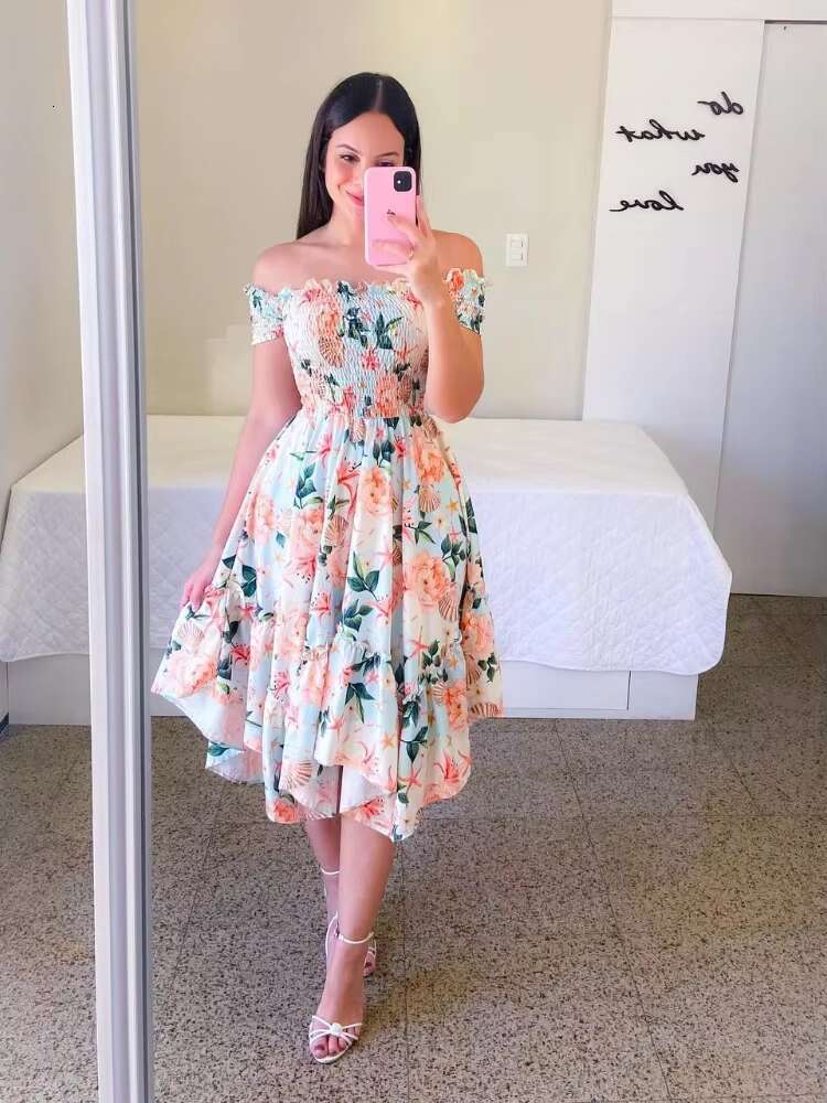 Dresses Summer Ladies Sexy Off Shoulder Flower Print Elegant Short Sleeve Elastic Irregular Casual Dress Vestido De Mujer dongdumaoyi