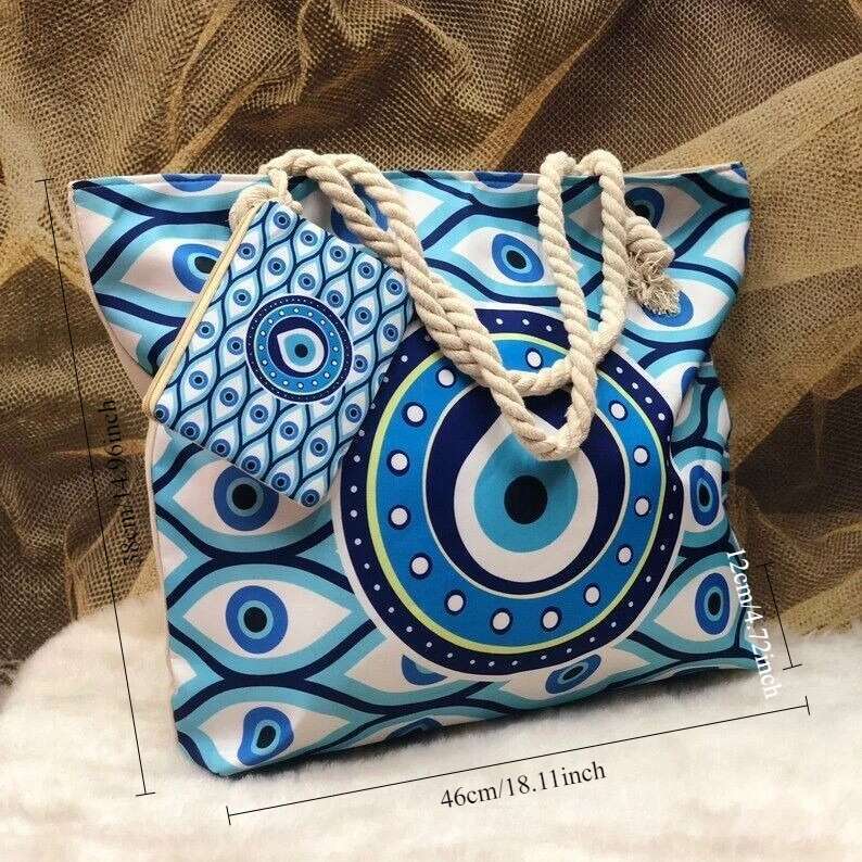 1Pcs Evil Eye Women's Beach Polyester Large Capacity Tote Shoulder Customizable Seaside Travel Bag