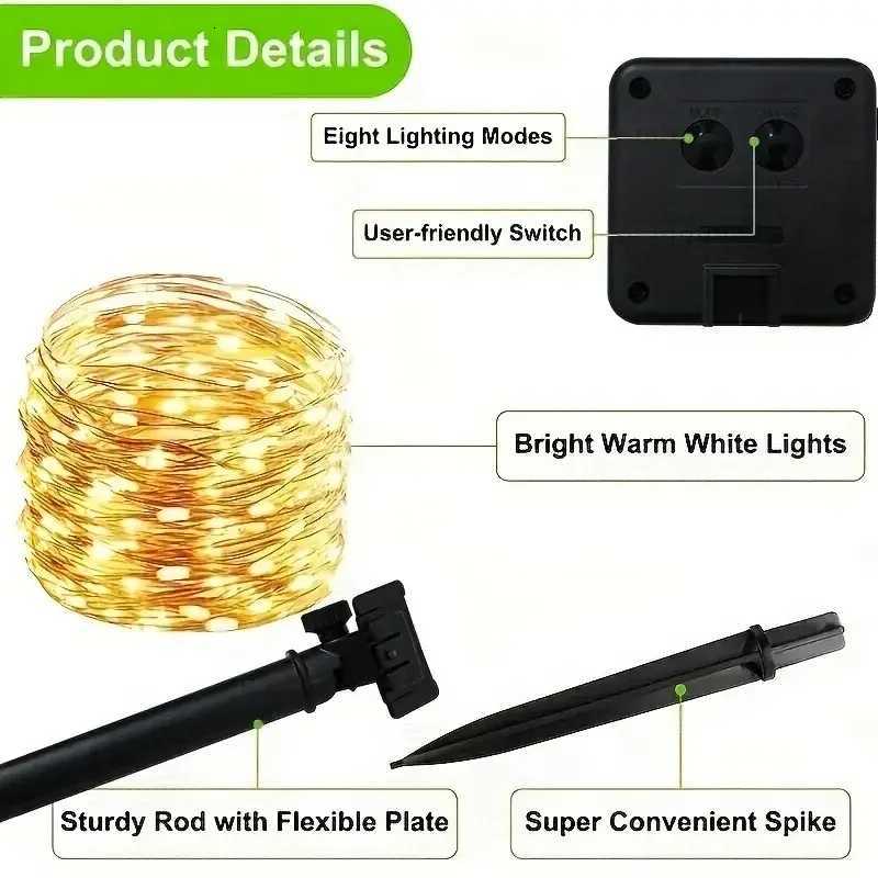 8 Modes Waterproof Solar Garden Lights String Lights with Wire for Patio Yard Trees Christmas Party XJ250710