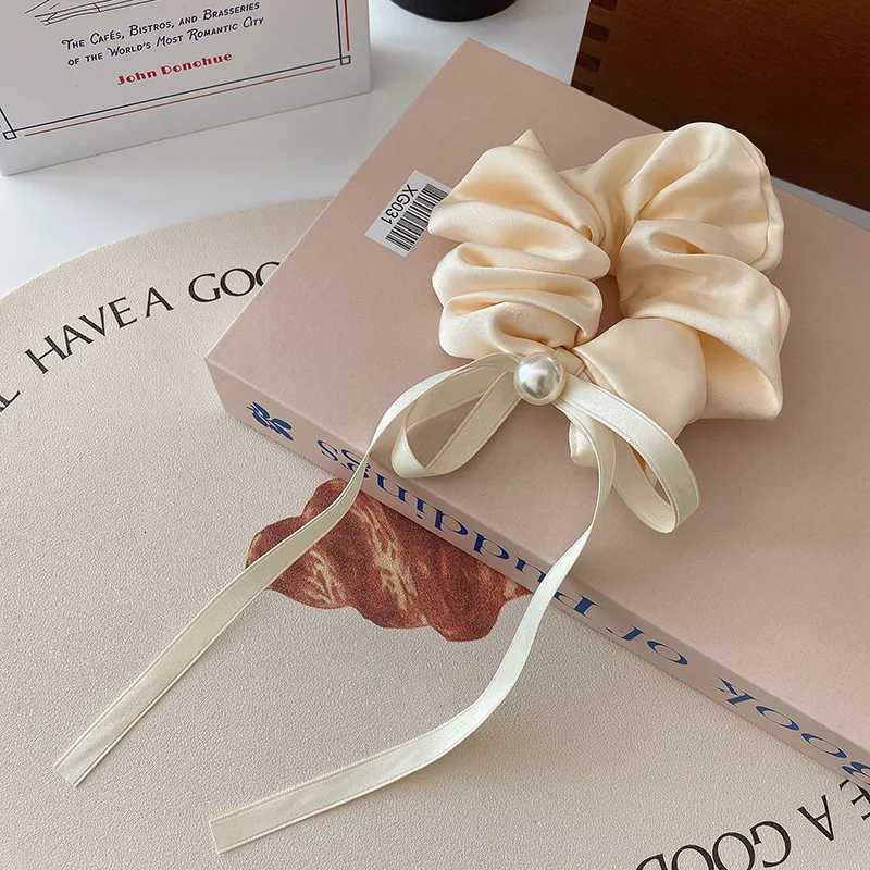 Fashion Ribbon Bow Pearl Hair Scrunchies Simple Solid Headbands Elegant Hair Ties Women Ponytail Rope Bands Hair Accessories Y250711