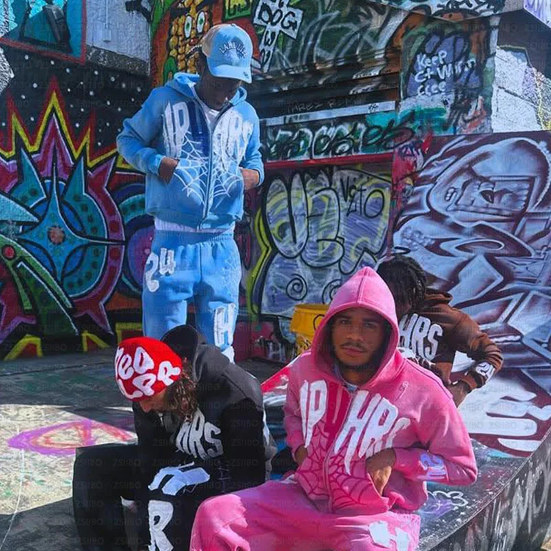 Retro Patch Spider Web Print Zipper Hoodie Y2K Sweatshirt Mens Hip Hop Letter Oversized Hoodie Jacket Clothes Streetwear Jacket 250708