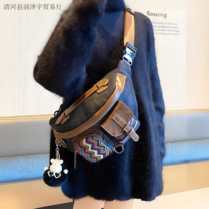 Free Shipping Designer Luxury Vintage Denim Fabric Chest Bag Women's Crossbody Waist Bag Ethnic Style Large Capacity Casual Versatile Trendy Dump