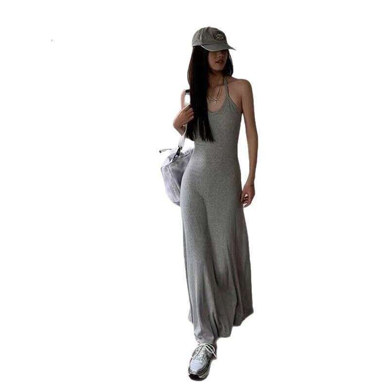 Hot Girl Gray Halter Neck Backless New Summer Waist-Cinching A-Line With Chest Pad Strap Long Dress B5