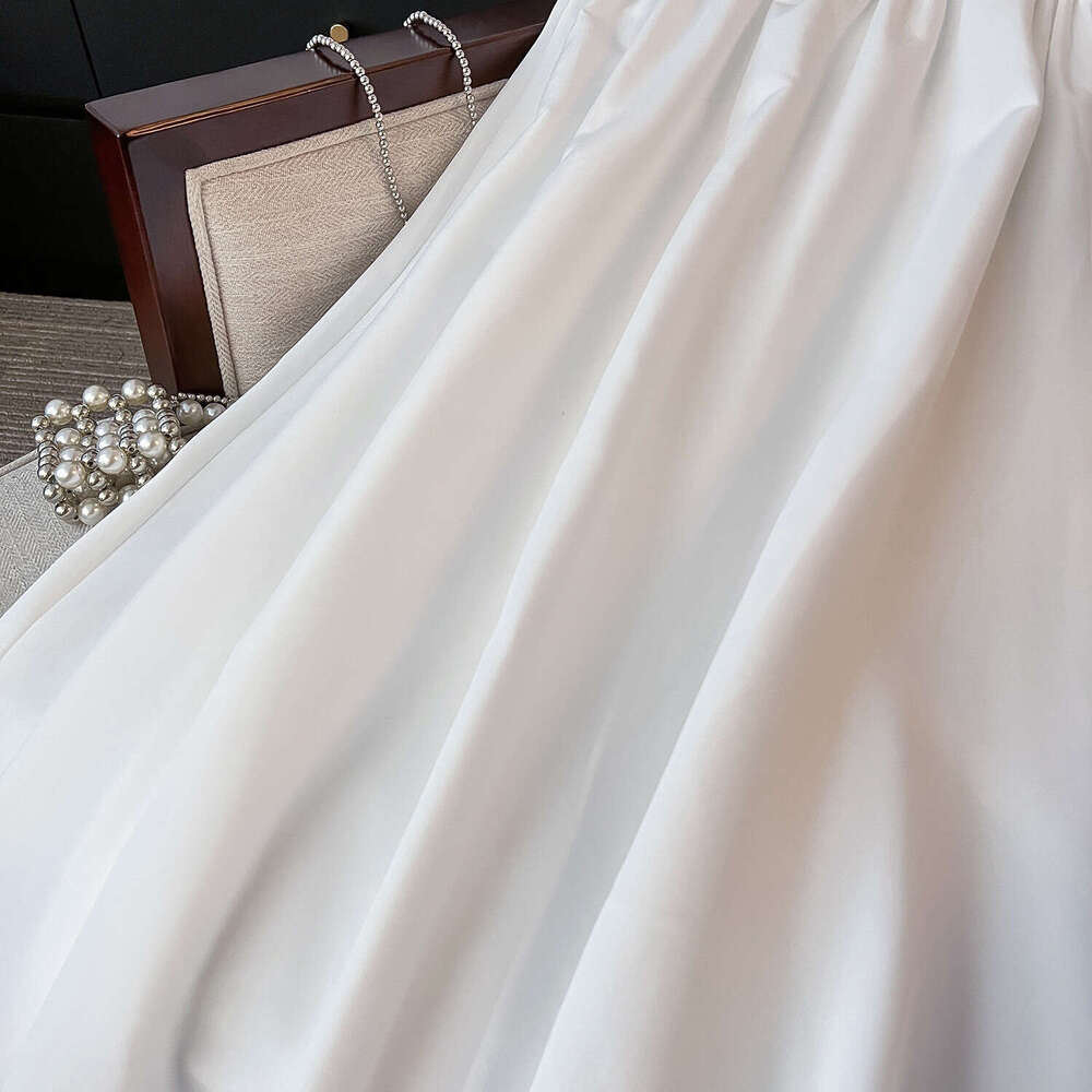 French Style White Gentle Temperament Draped High Waist Slimming Midi For Women Summer Cool Design Flared Umbrella Skirt B5