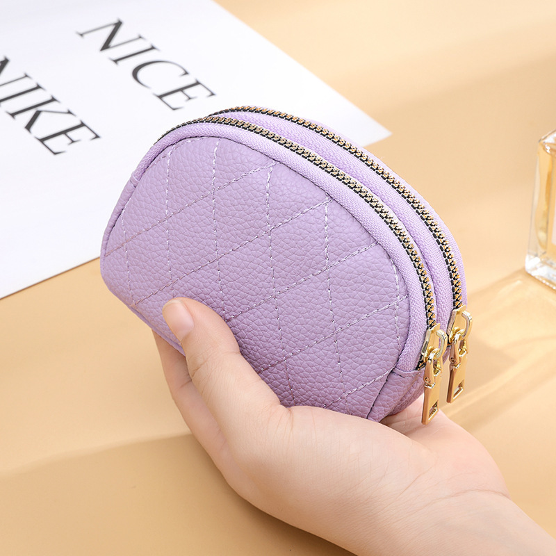 New Handheld Mini Womens Wallet Diamond Stitching Double Zipper Coin Purse PU Leather