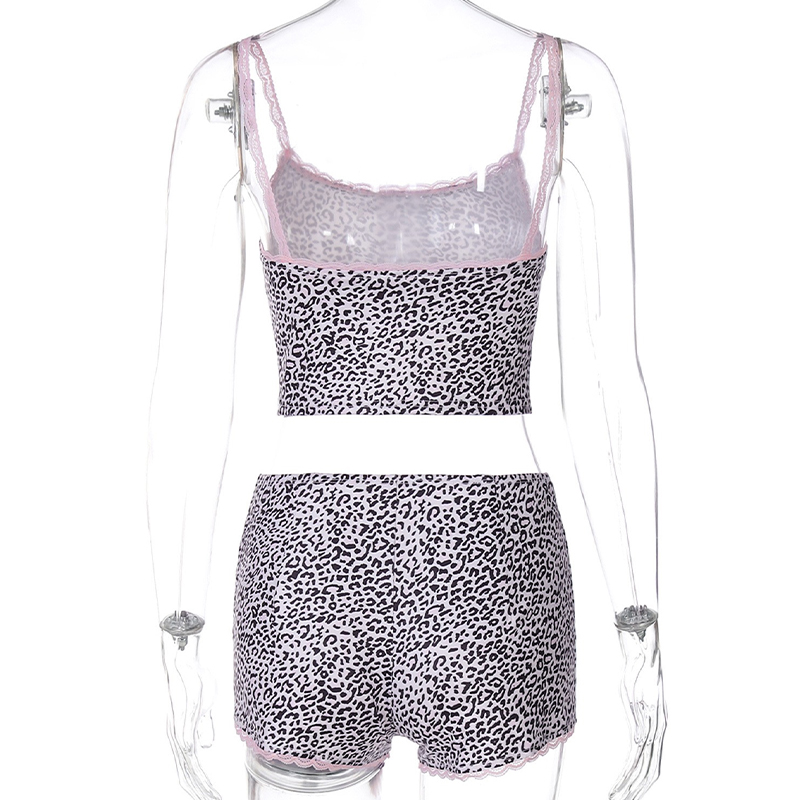Sexy leopard print lace vest shorts set Fashion tight figure summer girl suit crop top