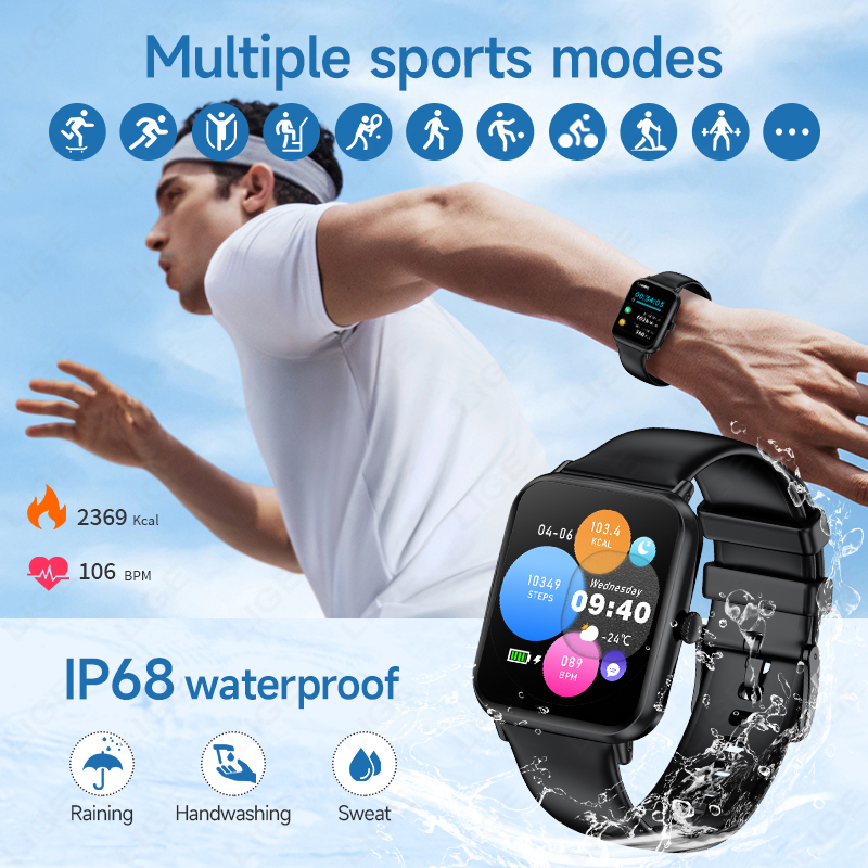 LIGE smartwatch features wireless call, music control, heart rate and blood pressure monitoring, health monitoring, multiple sports modes, and is IP67