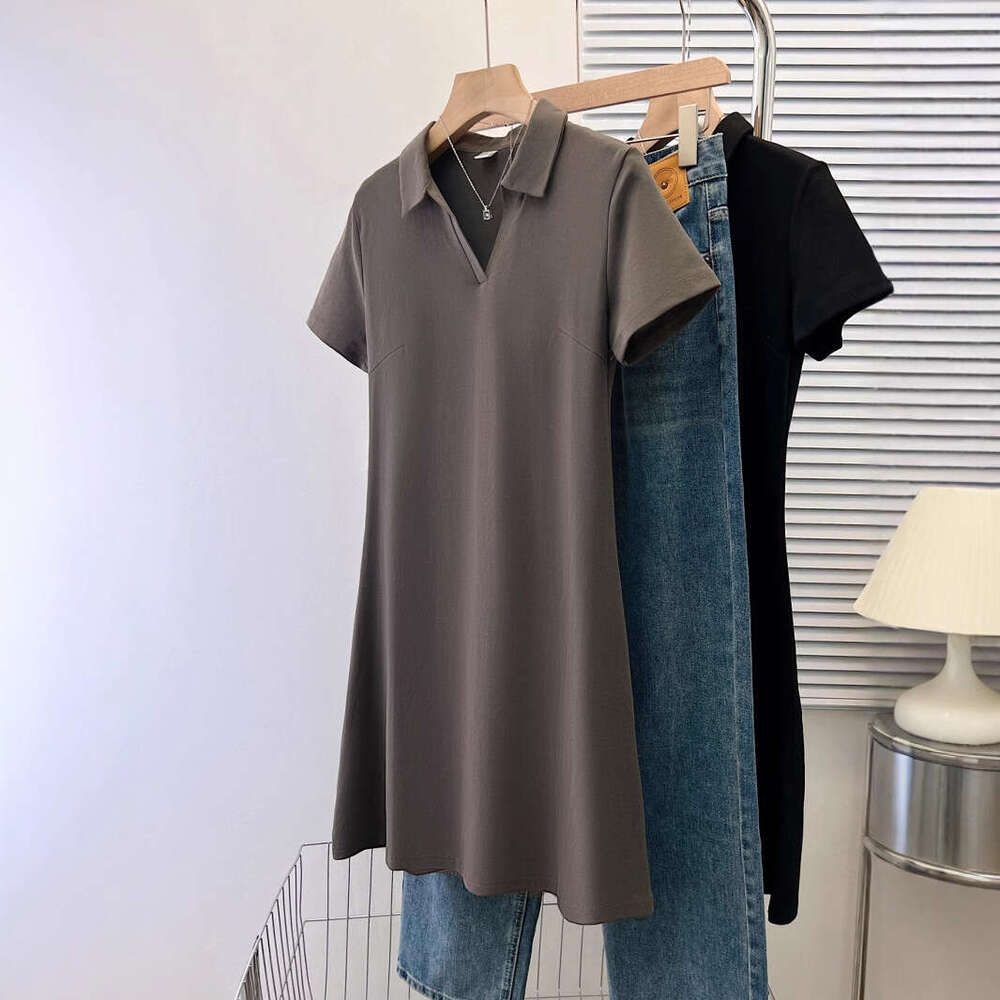 Sweet Spicy Girl Pure Desire Style Short Sleeve For Women Summer Korean Version Versatile Slim Fit Half Open Polo Collar Mid-Length Dress B5