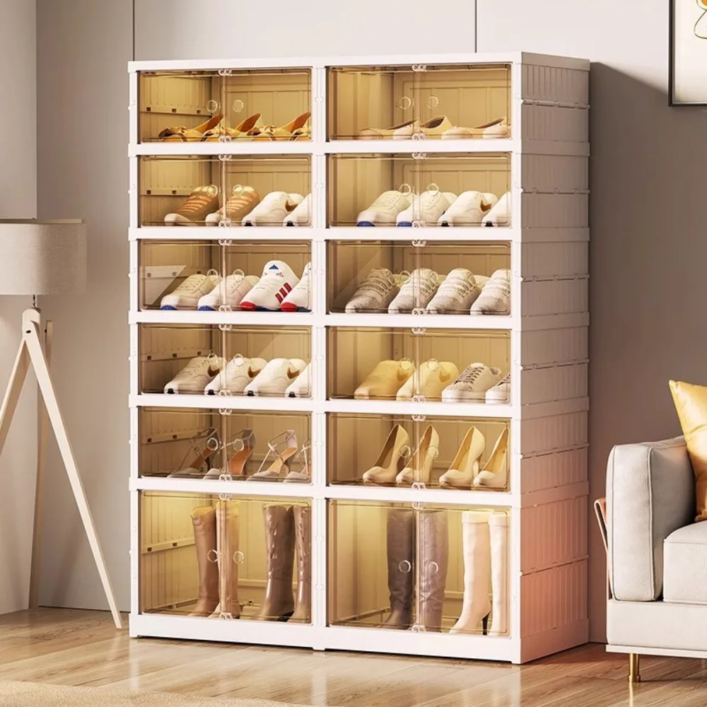 Collapsible Shoe Rack Storage Box Easy To Assemble Collapsible Shoe Box for Closet Hallway Portable White Plastic Shoe Cabinet