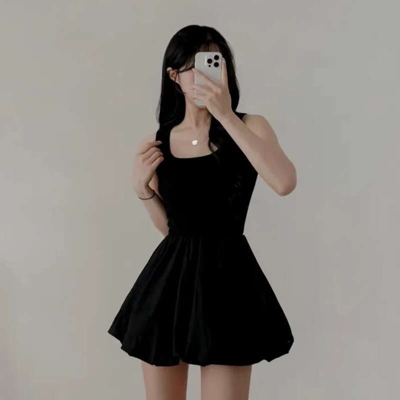 French Style White Strap For Women, Summer Chic Slimming Floral Short Dress, Sweet Waist-Cinching Puffy Dress B5