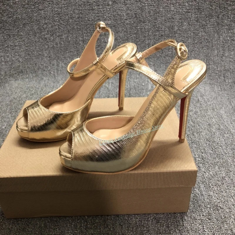 Lovely Gold Leather Woman Stiletto Heel Sandal Shoes Peep Toe Buckle Ankle Strap Female Thin High Summer 250703