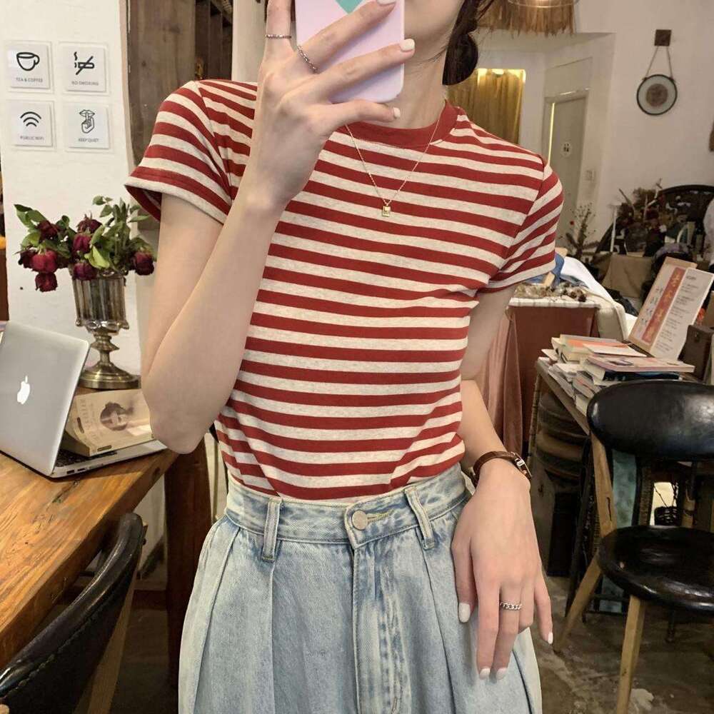 Striped Base Shirt Summer New Design Short Sleeve T-Shirt Women's American Style Student Slim Fit Top B5