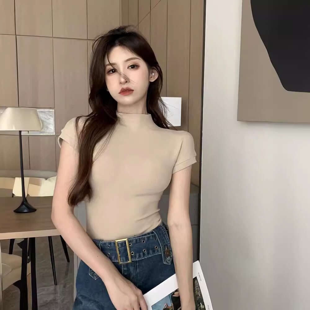 Pure Desire Style Half High Collar Short Sleeve T-Shirt For Women Summer Slim Fit Base Shirt Inner Wear Student Top Ins Trend B5