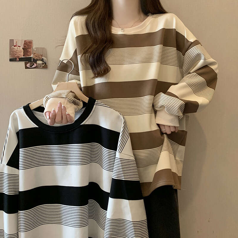 American Style Striped Thin Sweatshirt For Women New Autumn Slimming Plus Size Belly Covering Loose Student Top B5