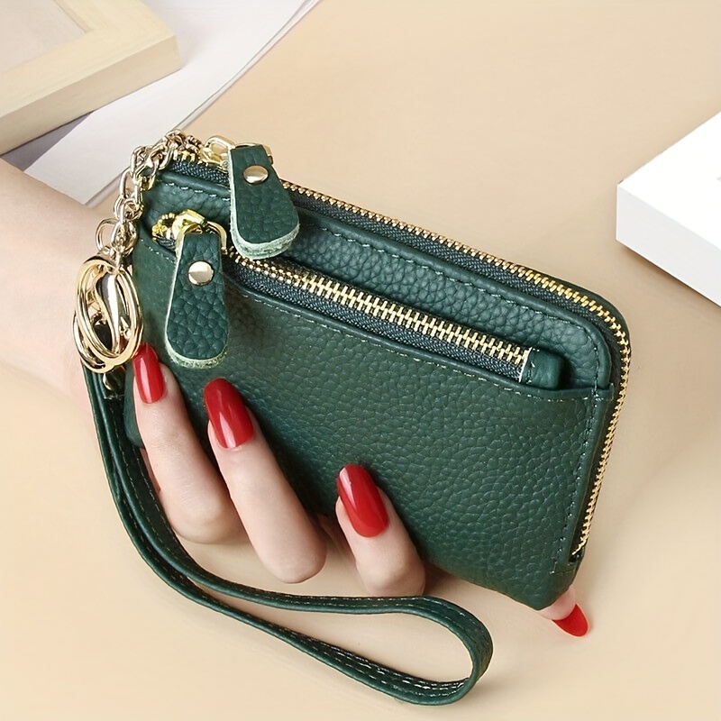 Genuine Leather Women's Wallet, Zipper Around Bank Card & Coin Purs with Detachable Wrist Strap Lychee Pattern Handbag