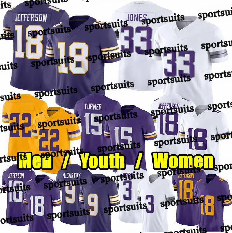 #18 Justin Jefferson #9 McCarthy Football Jersey #87 Hockenson #15 Dallas Turner Harrison Smith Jordan Addison Christian Darrisaw Phillips Aaron Jones Darnold Jerseys