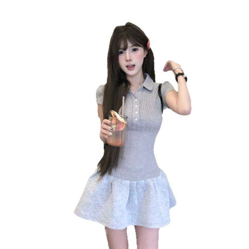 Gray Polo Collar Sleeve Women, Summer Slim Fit Waist Short For Petite Hot Girls, Slimming A-Line Dress B5