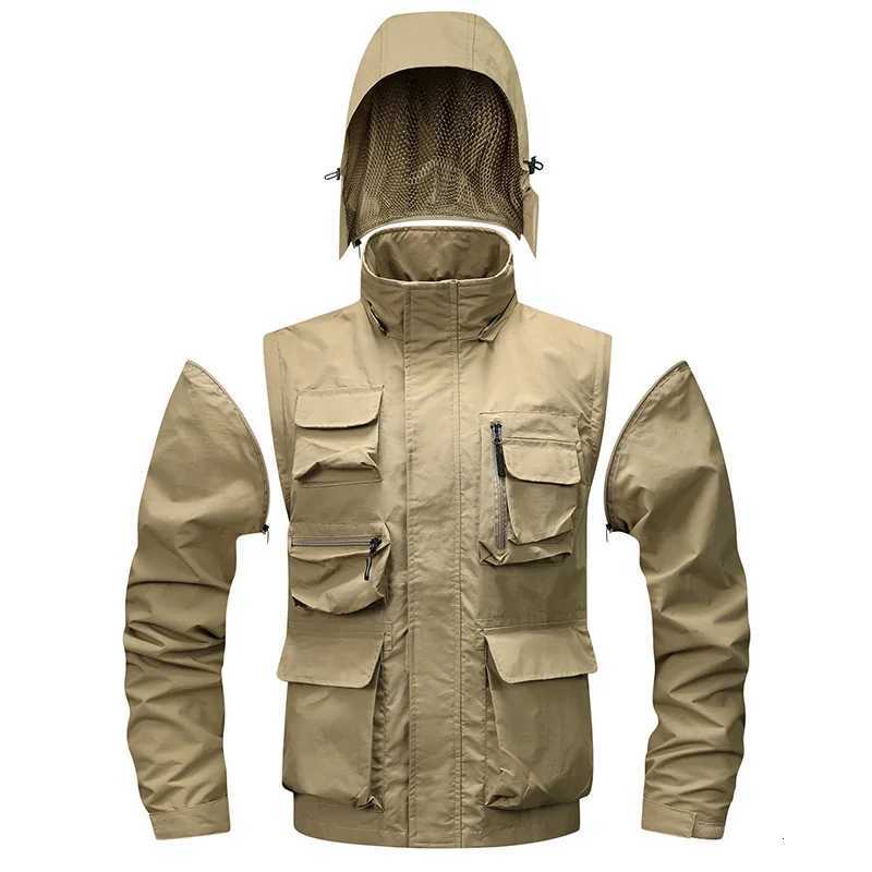 Detachable Sleeve Work Jacket Men Spring Autumn Casual Multi Pocket Hood Windbreaker Coat Outdoor Hiking Jacket Climbing Clothes W250711