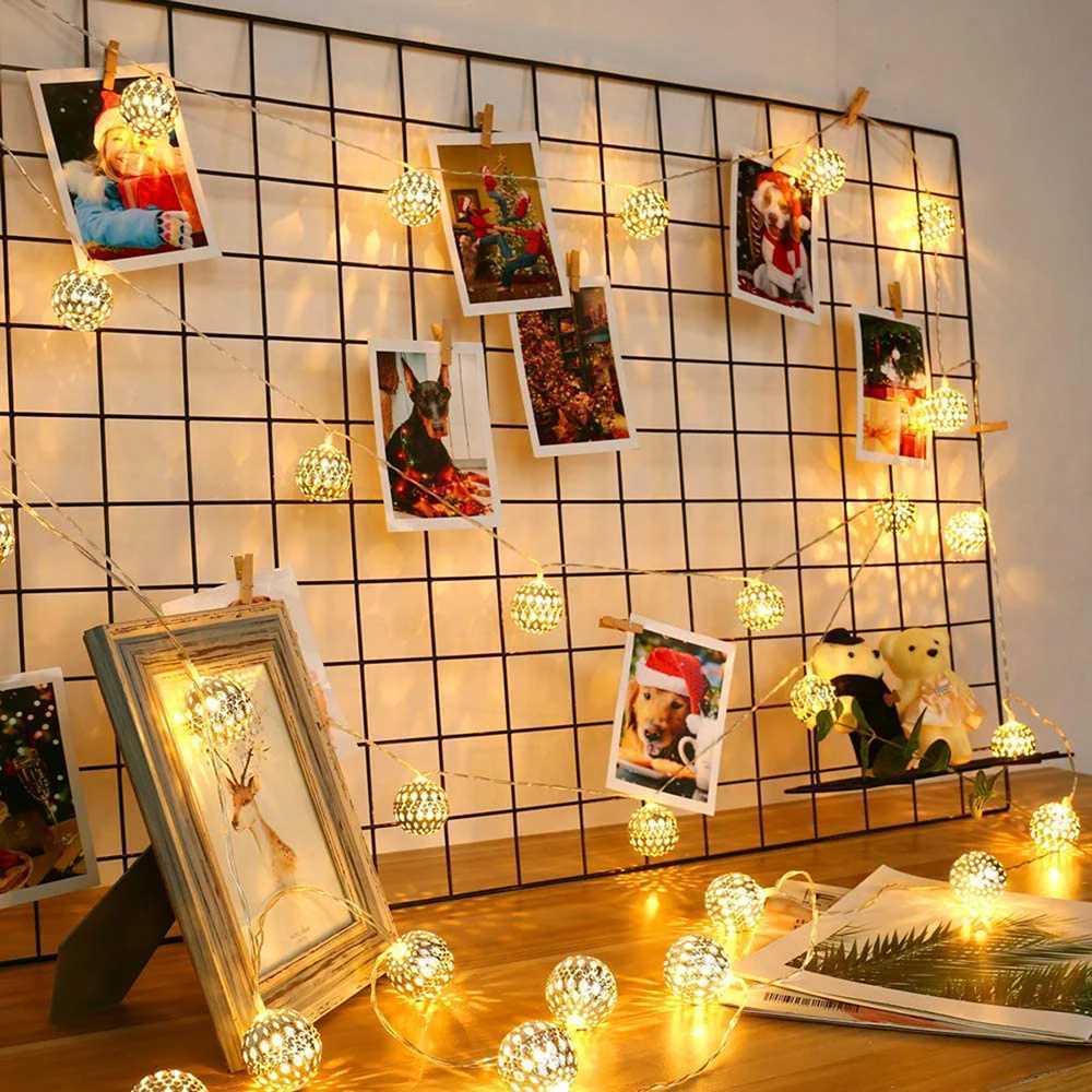 10/20LED Moroccan String Lights Battery Operated Indoor Silver Globe Garland Fairy Lights Holiday Wedding Christmas Party Decor XJ250710