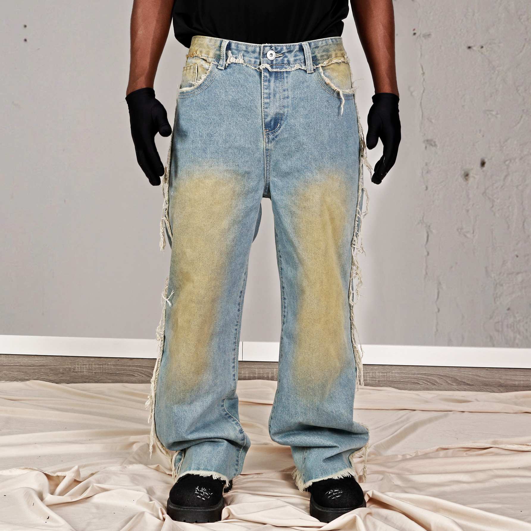 Retro Y2K Streetwear Men's Jeans Flame Skull Pattern Design Gothic Hip-Hop High Street Casual Fashionable Wide Leg pants