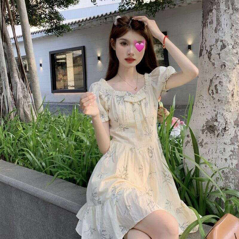 French Style Square Neck Bow Floral Women, Waist-Cinching, Elegant Design, Petite Short Dress For Summer B5