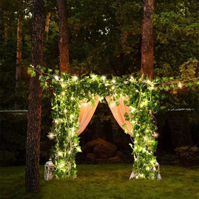 Silk Fake Green Leaf Ivy Vine with LED Lights String for Home Bedroom Decor Wedding Glowing Artificial Plant Garland Decor XJ250710