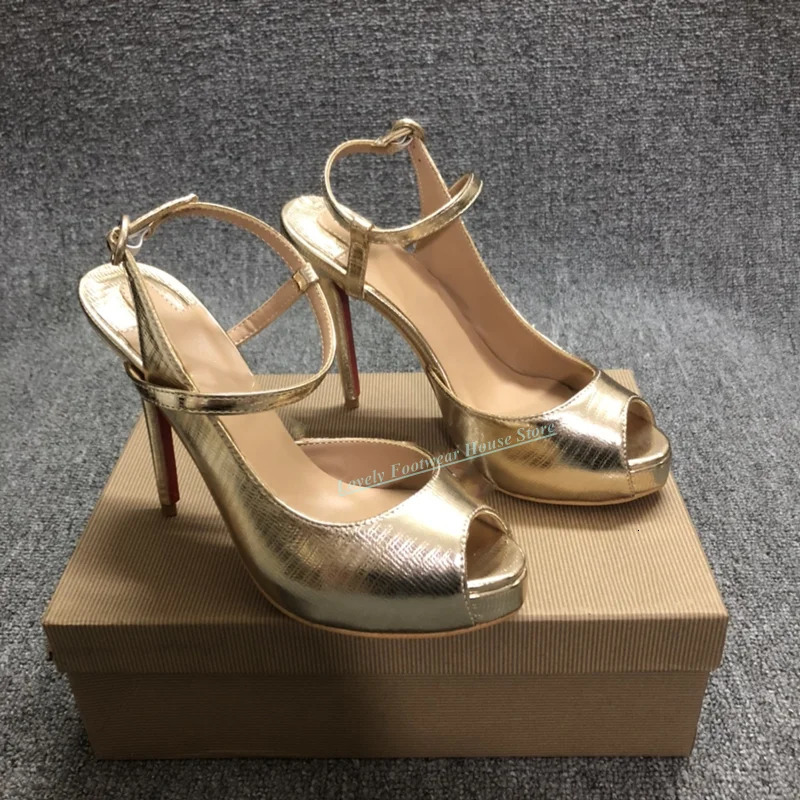 Lovely Gold Leather Woman Stiletto Heel Sandal Shoes Peep Toe Buckle Ankle Strap Female Thin High Summer 250703