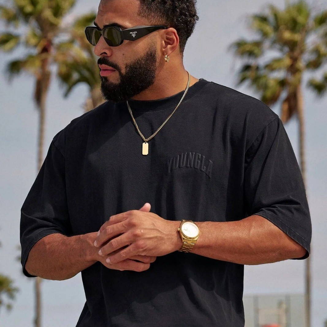 YOUNGLA Men's Oversized T-shirt Foam Printed Cotton Short Sleeve American Sports Fitness Casual Loose Top YA-TX25