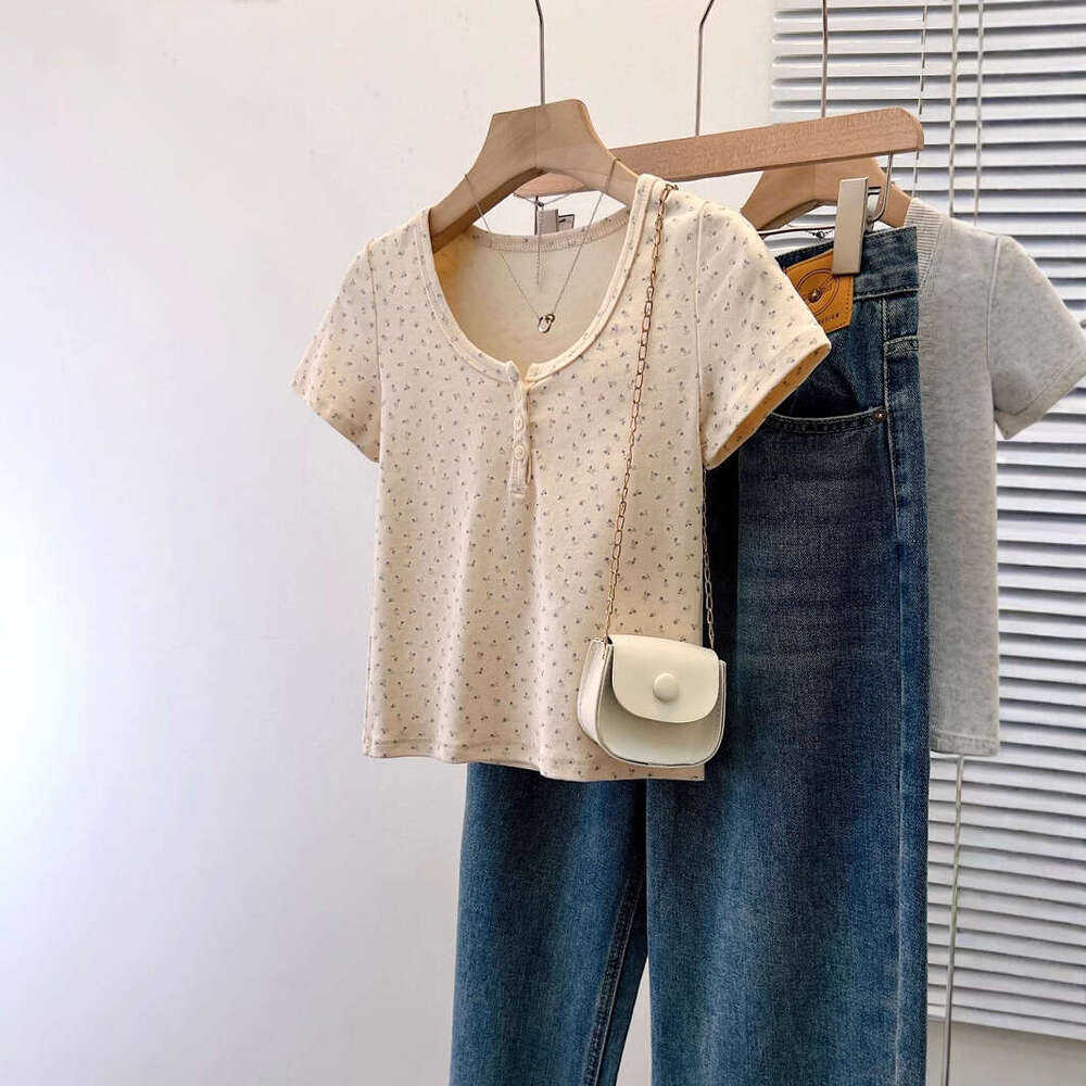 French Fresh U-Neck Floral Off-Shoulder Sleeve T-Shirt For Women Summer BM Style Short Slim Fit Sweet Spicy Girl Top B5