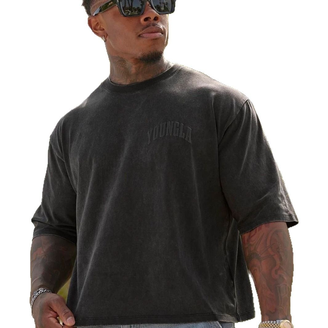 YOUNGLA Men's Oversized T-shirt Foam Printed Cotton Short Sleeve American Sports Fitness Casual Loose Top YA-TX25