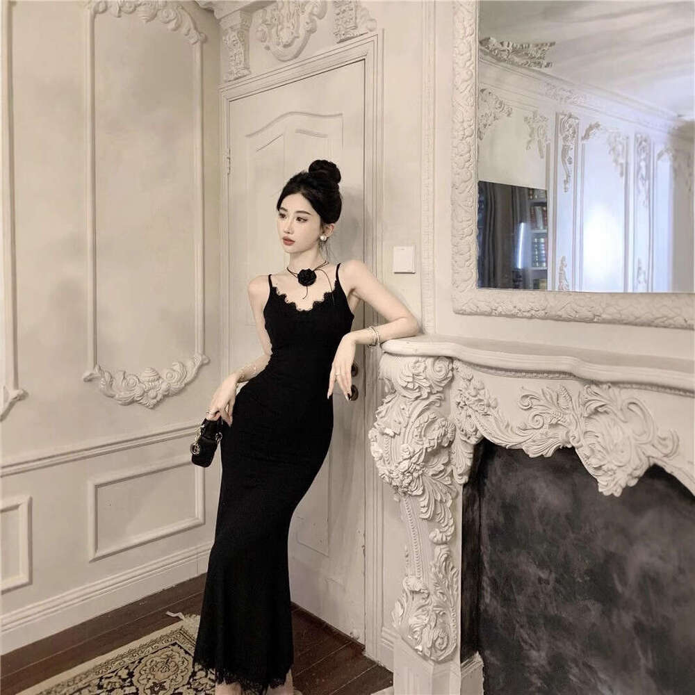 Sexy Black Strap For Women New Summer Goddess Style Elegant Waist-Cinching V-Neck Lace Long Dress B5