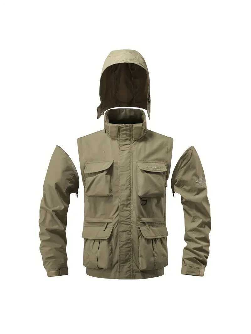 Detachable Windproof Sleeved Hooded Jacket Suitable for Outdoor Activities Mens Casual Waterproof Multi Pocket Jacket Vest W250809