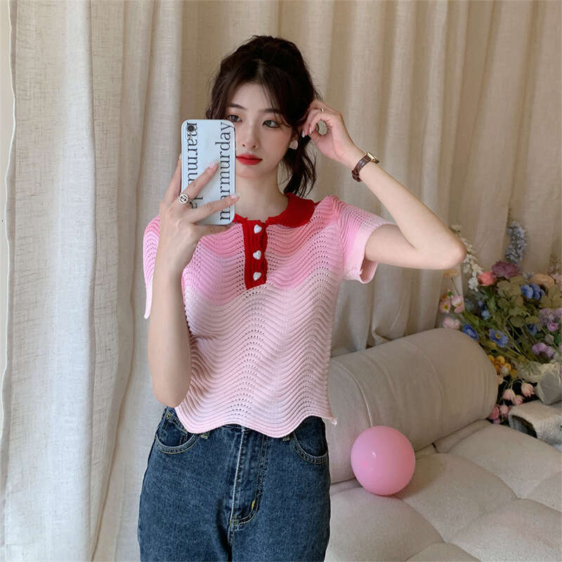 Gentle Style Polo Collar Sleeve T-Shirt For Women, French Niche Wave Pattern Short Chic Knitted Top B5