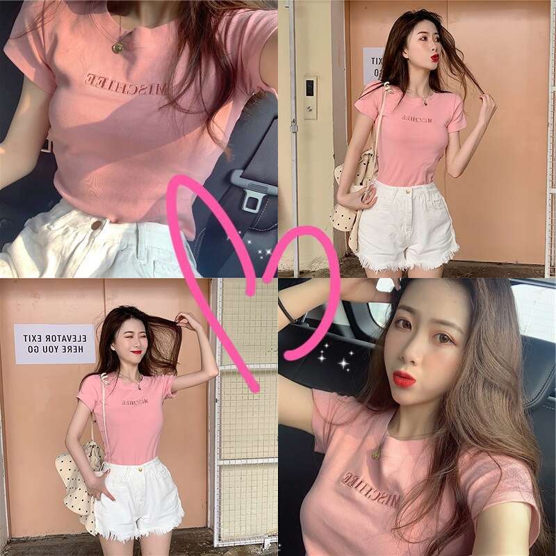 Summer New Korean Style Letter Embroidery Slim Fit Short Sleeve T-Shirt For Female Students Trendy Women's Clothing B5 2k