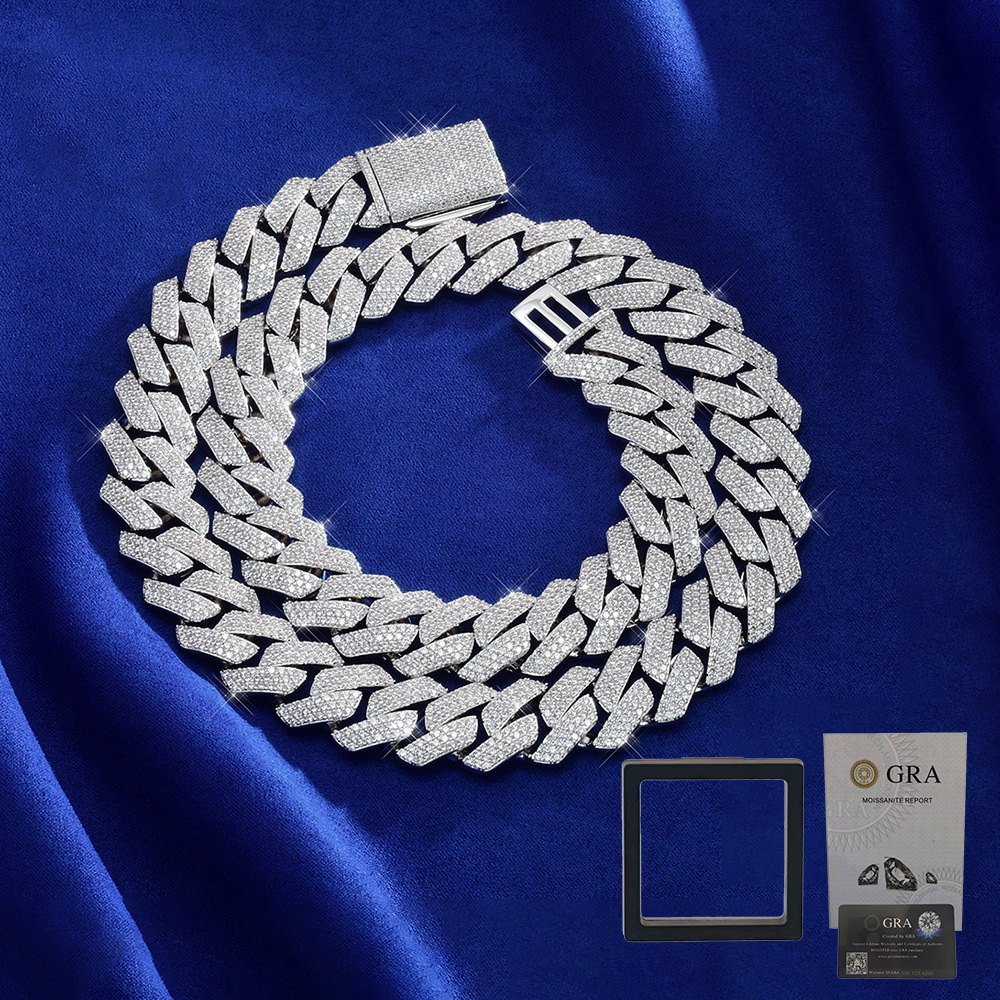 S Sier Moissanite Cuban Chain High-Quality 18mm Three-Row Dia Hip-Hop Necklace