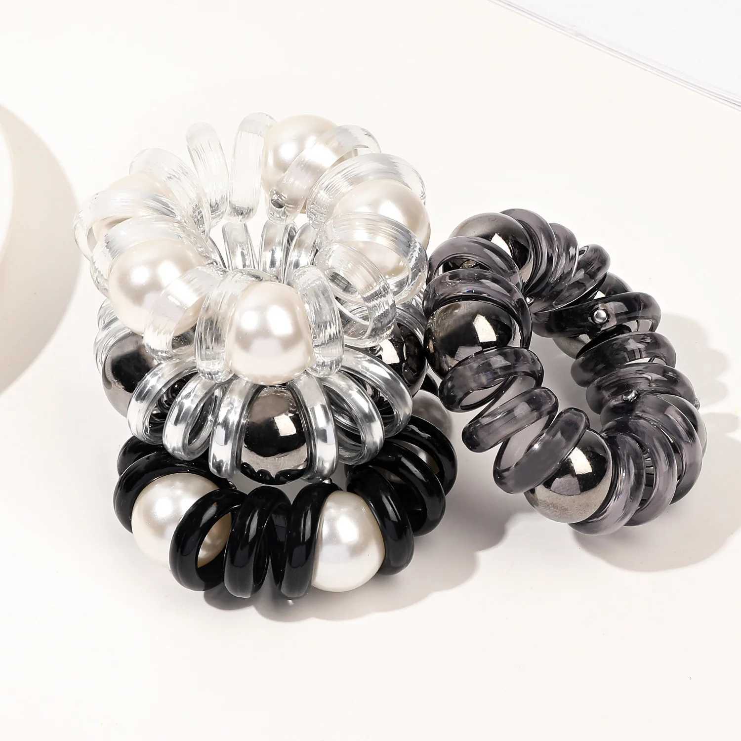 Phone Cord Hair Tie Ring Scrunchies Pearl Beads Clear Telephone Wire Elastic Hair Bands Ponytail Holder Women Hair Accessories Y250711