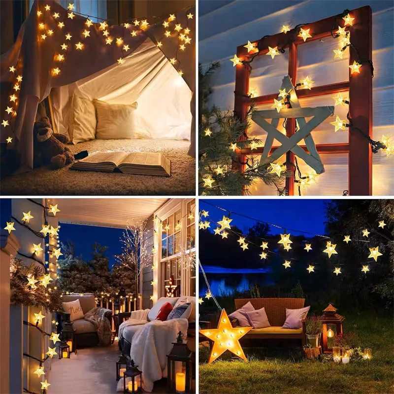 5/7/12M Outdoor Solar Holiday Garland Lamp LED Star String Lights for Garden Christmas Tree Wedding Party Balcony Decoration XJ250710