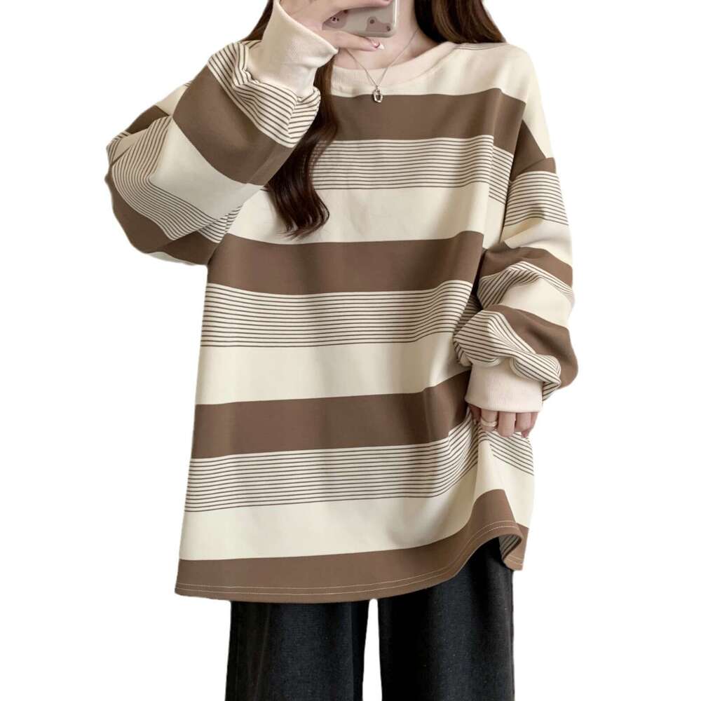 American Style Striped Thin Sweatshirt For Women New Autumn Slimming Plus Size Belly Covering Loose Student Top B5