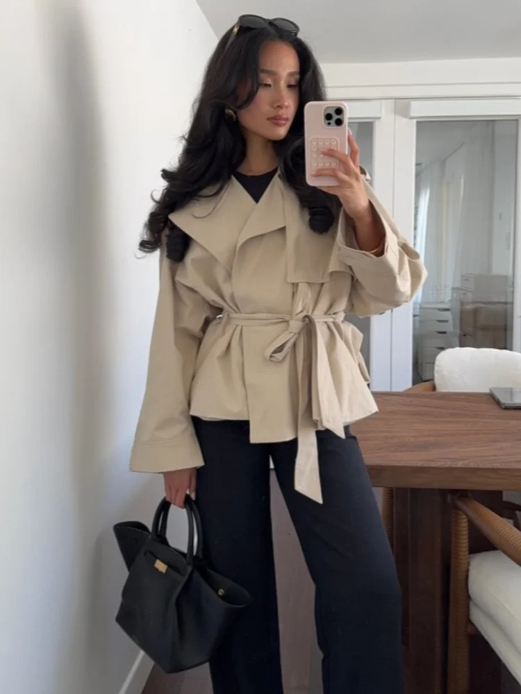 Womens Casual Cropped Trench Coat Lace-Up Lapel Full Sleeve Loose Jacket High Street Fashion Outwear for Ladies 2025 Autumn 250708