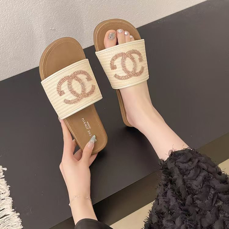 Luxury designer Flat Slippers Women 2025 Summer Velvet Crystal Metallic brand Shoes for Women Sandals Non-slip Bow Beach Flip-flops Slides Tories thon