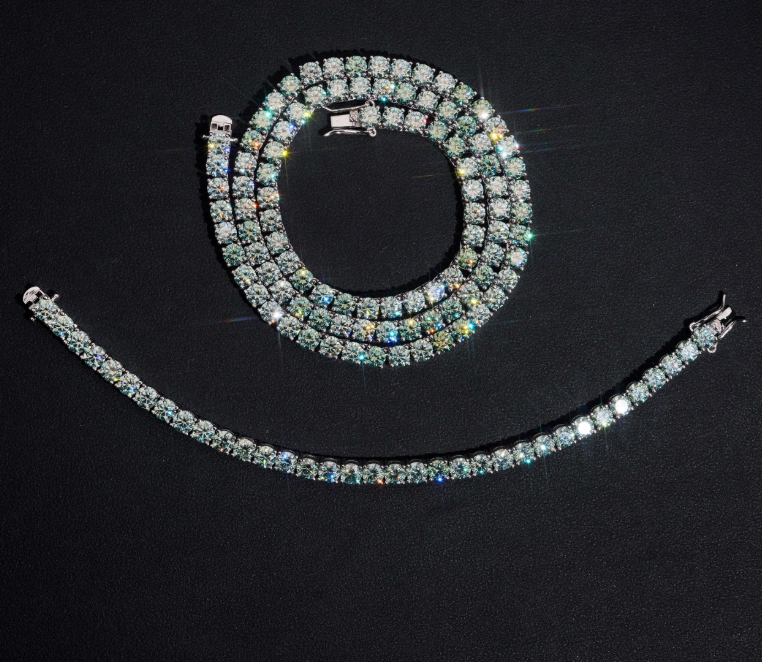 5mm Blue-green Moissanite Tennis Chain 925 Sterling Silver Gold Plated Pass Diamond Test Colors Moissanite Necklace