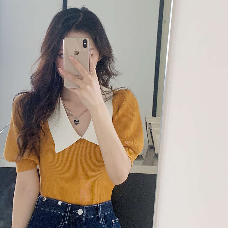 French Style Niche Doll Collar Short Sleeve Knitted Top For Women, Summer Thin Design With Puff Sleeves, Slimming And High-End Feel Blouse B5