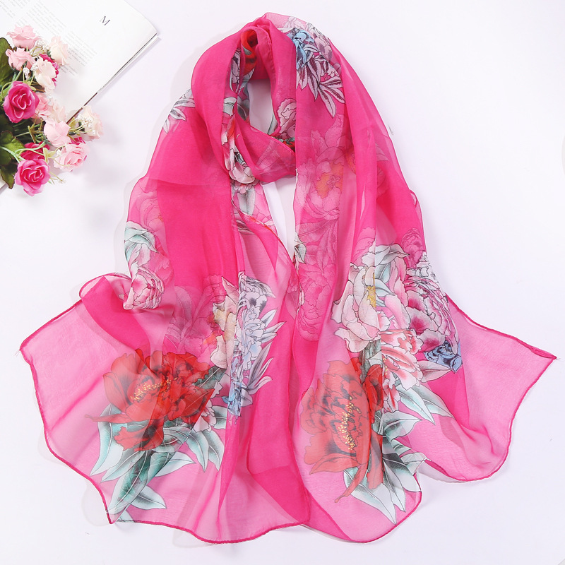 K1309 Summer rectangular silk scarf sunscreen scarf lily rose ladies Qiaoqi long silk scarf small gauze scarf wholesale