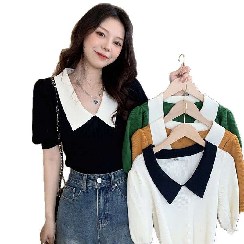 French Style Niche Doll Collar Short Sleeve Knitted Top For Women, Summer Thin Design With Puff Sleeves, Slimming And High-End Feel Blouse B5
