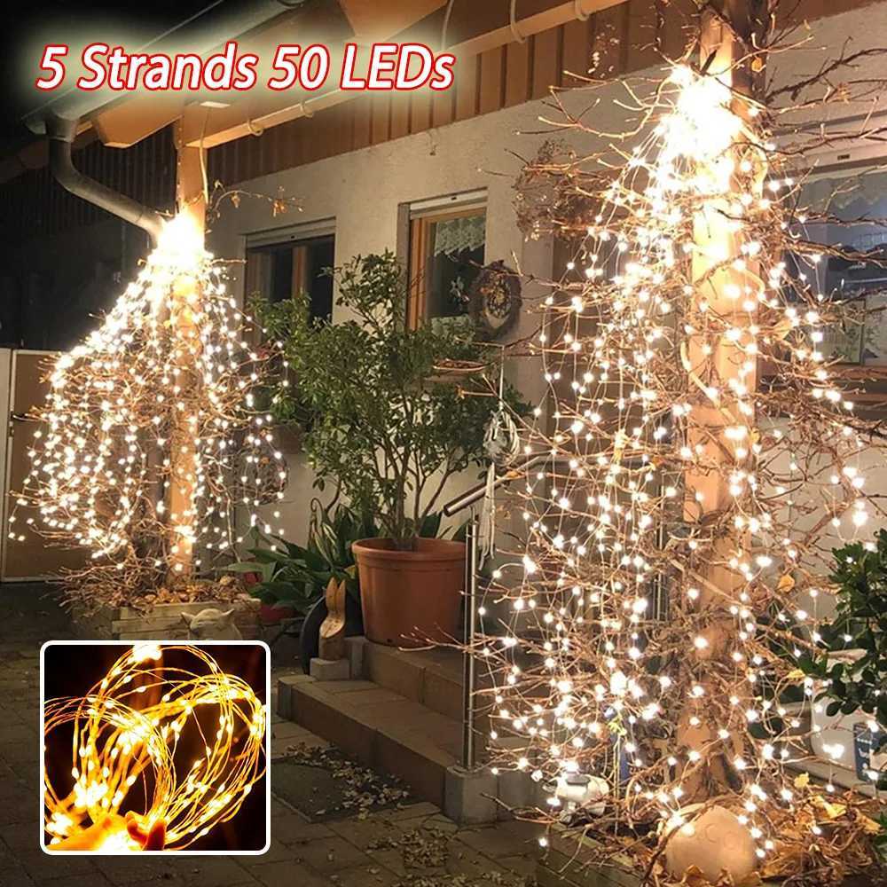 LED Christmas Tree Waterfall Fairy Lights Battery Operated Outdoor Waterproof Copper Wire String Lights Garden Party Christmas DecorationXJ250710