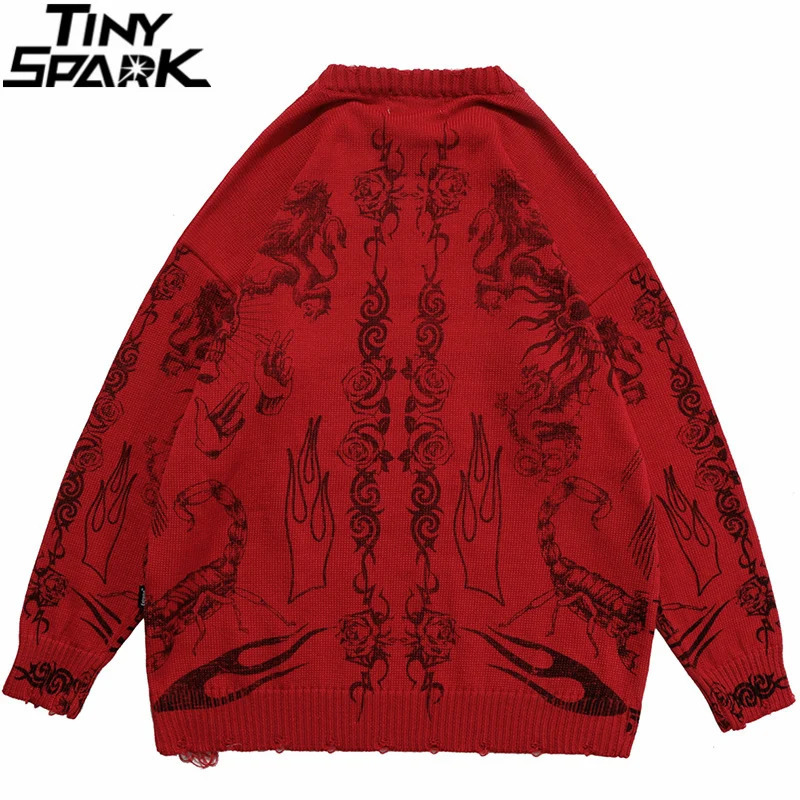 Hip Hop Knitted Sweater Streetwear Rose Eye Scorpion Print Ripped Pullover Men Harajuku Cotton Casual Autumn Sweater Skull 250703