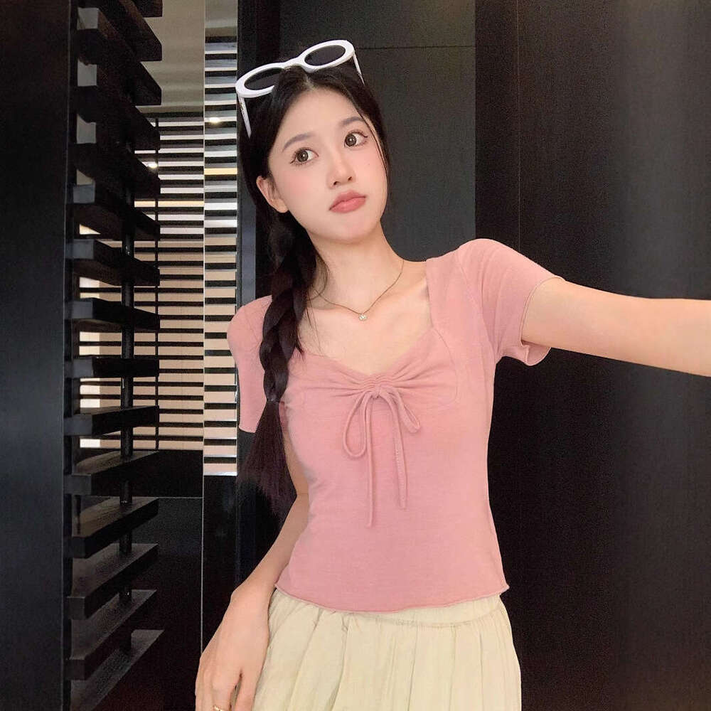 Pink Square Neck Regular Shoulder Sleeve T-Shirt For Women Summer New French Style Slim Fit Tie-Up Petite Short Top B5